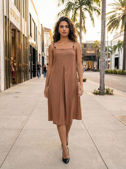 PURVAJA - Women Rust Solid/Plain Linen Blend Dress