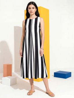 PURVAJA - Women Black Stripes Cotton Blend Dress