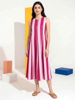 PURVAJA - Women Pink Stripes Cotton Blend Dress
