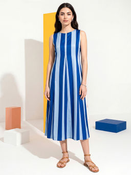 PURVAJA - Women Blue Stripes Cotton Blend Dress