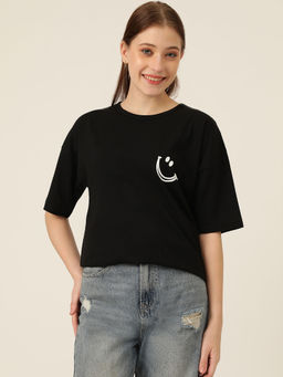 KOTTY - Womens Cotton Blend Black Printed Oversized T-Shirt