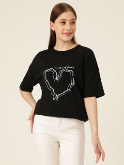 KOTTY - Womens Cotton Blend Black Printed Oversized T-Shirt