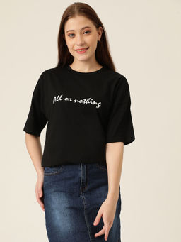KOTTY - Womens Cotton Blend Black Typography Oversized T-Shirt
