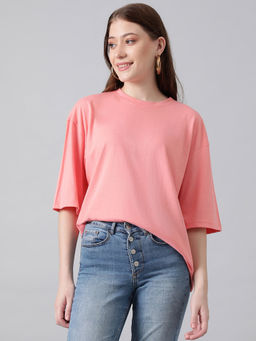 KOTTY - Pink Womens Cotton Blend Solid Oversized T-Shirt