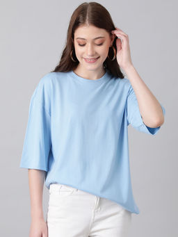 KOTTY - Blue Womens Cotton Blend Solid Oversized T-Shirt