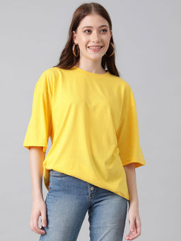 KOTTY - Yellow Womens Cotton Blend Solid Oversized T-Shirt