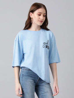 KOTTY - Blue Womens Cotton Blend Printed Oversized T-Shirt