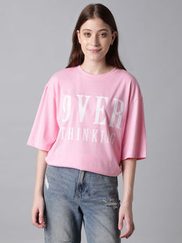 KOTTY - Pink Womens Cotton Blend Typography Oversized T-Shirt