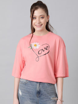 KOTTY - Pink Womens Cotton Blend Printed Oversized T-Shirt