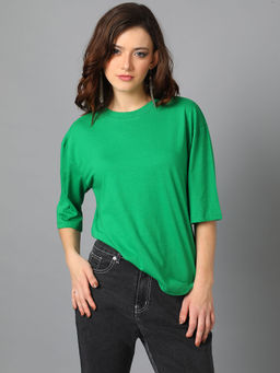 KOTTY - Green Womens Cotton Blend Solid Oversized T-Shirt