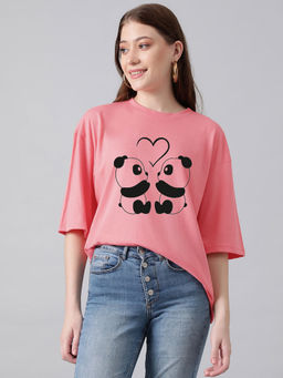KOTTY - Pink Womens Cotton Blend Printed Oversized T-Shirt