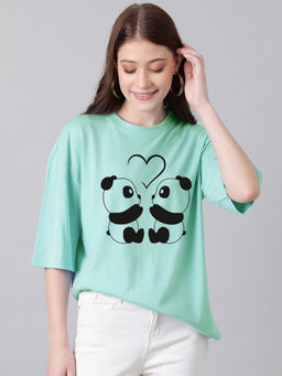 KOTTY - Light Blue Womens Cotton Blend Printed Oversized T-Shirt