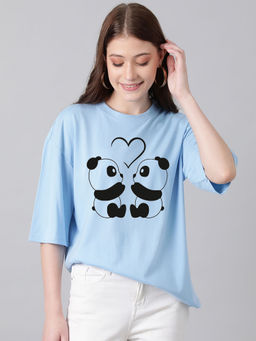 KOTTY - Blue Womens Cotton Blend Printed Oversized T-Shirt