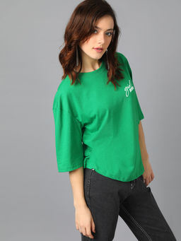 KOTTY - Green Womens Cotton Blend Solid Oversized T-Shirt