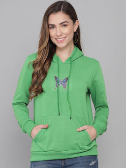 KOTTY - Green Womens Fleece Graphic Full Sleeve Hooded Neck Sweatshirt