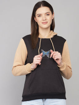 KOTTY - Black Womens Fleece Graphic Full Sleeve Hooded Neck Sweatshirt