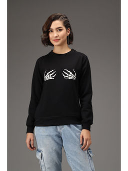 KOTTY - Black Womens Fleece Full Sleeve Round Neck Graphic Sweatshirt