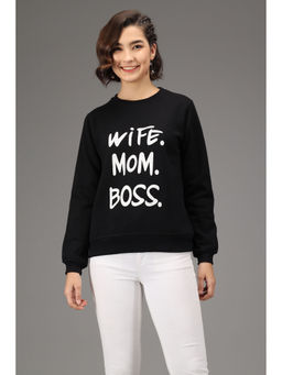 KOTTY - Black Womens Fleece Full Sleeve Round Neck Typography Sweatshirt