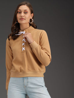 KOTTY - Beige Womens Full Sleeve Solid Sweatshirt
