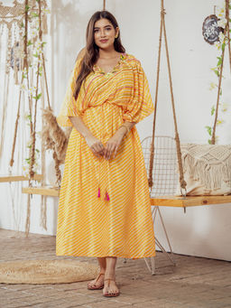 Label Swish - Orange Leheriya Draped Full Length Kaftaan Dress (Set of 2)