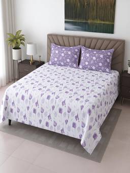 Threadwear - White and Lavender Floral Cotton 400 TC Flat Super King Size Bedsheet