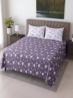 Threadwear - Lavender Floral Cotton 400 TC Flat Super King size bedsheet with 2 Pillow covers