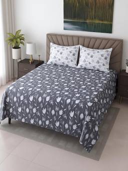 Threadwear - Charcoal Floral Cotton 400 TC Flat Super King Size Bedsheet with 2 Pillow Covers