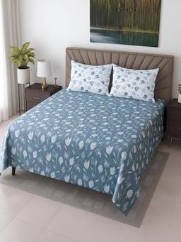 Threadwear - Ocean Blue Floral Cotton 400 TC Flat Super King size bedsheet with 2 Pillow covers
