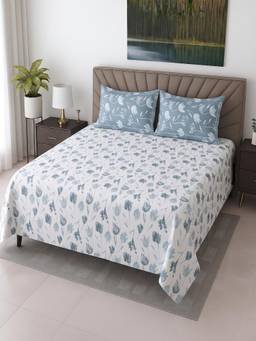 Threadwear - White Floral Cotton 400 TC Flat Super King Size Bedsheet with 2 Pillow Covers
