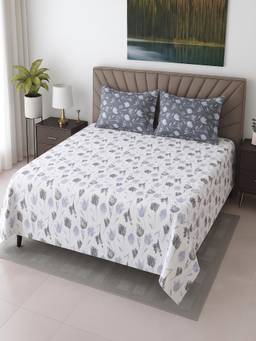 Threadwear - White and Charcoal Floral Cotton 400 TC Flat Super King Size Bedsheet
