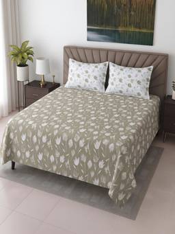 Threadwear - Olive Green Floral Cotton 400 TC Flat Super King size bedsheet