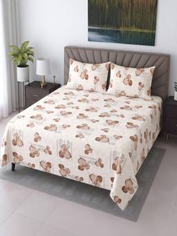 Threadwear - Cream Floral Cotton 400 TC Flat Super King size bedsheet with 2 Pillow covers