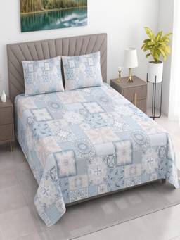 Threadwear - Cream Floral Cotton 400 TC Flat Queen size bedsheet with 2 Pillow covers
