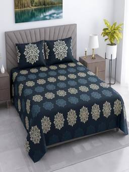 Threadwear - Charcoal Grey Floral Cotton 400 TC Flat Queen size Bedsheet with 2 Pillow Covers