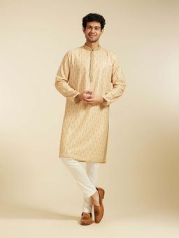 Diwas by Manyavar - Beige Cotton Blend Printed Embroidered Kurta with Pyjama (Set of 2)