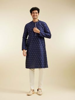 Diwas by Manyavar - Navy Blue Art Silk Jacquard Woven Kurta with Pyjama (Set of 2)
