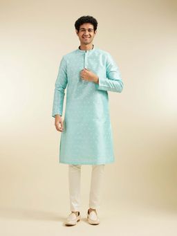 Diwas by Manyavar - Blue Art Silk Jacquard Woven Kurta with Pyjama (Set of 2)