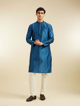 Diwas by Manyavar - Blue Art Silk Jacquard Woven Kurta with Pyjama (Set of 2)