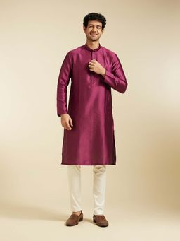 Diwas by Manyavar - Wine Art Silk Jacquard Weave Woven Kurta with Pyjama (Set of 2)
