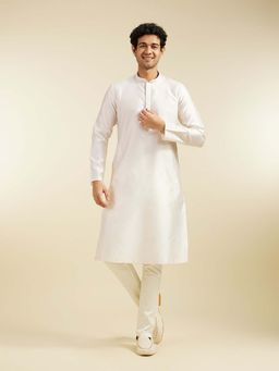 Diwas by Manyavar - White Art Silk Jacquard Woven Sequined Kurta with Pyjama (Set of 2)