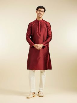 Diwas by Manyavar - Maroon Art Silk Jacquard Woven Stone Work Kurta with Pyjama (Set of 2)