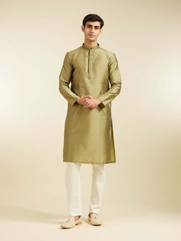 Diwas by Manyavar - Olive Art Silk Jacquard Woven Stone Work Kurta with Pyjama (Set of 2)