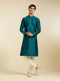 Diwas by Manyavar - Teal Art Silk Jacquard Woven Kurta with Pyjama (Set of 2)