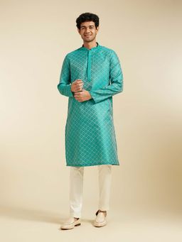 Diwas by Manyavar - Sea Blue Art Silk Jacquard Woven Kurta with Pyjama (Set of 2)