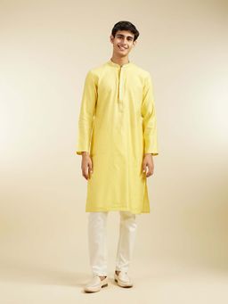Diwas by Manyavar - Yellow Viscose Blend Jacquard Woven Kurta with Pyjama (Set of 2)