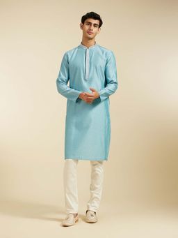 Diwas by Manyavar - Blue Viscose Blend Jacquard Woven Embroidered Kurta with Pyjama (Set of 2)