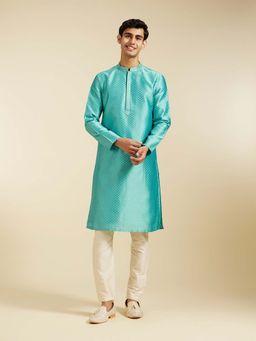 Diwas by Manyavar - Blue Art Silk Jacquard Woven Kurta with Pyjama (Set of 2)