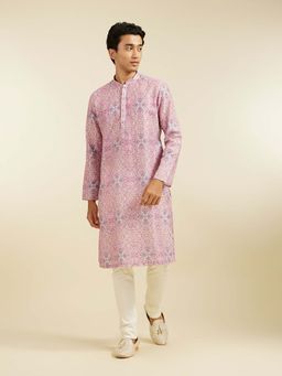 Diwas by Manyavar - Pink Viscose Blend Printed Embroidered Kurta with Pyjama (Set of 2)