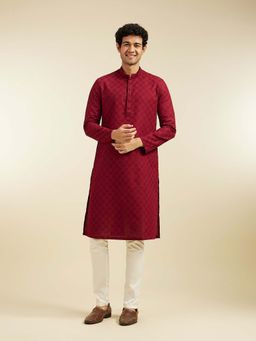 Diwas by Manyavar - Maroon Cotton Jacquard Woven Kurta with Pyjama (Set of 2)