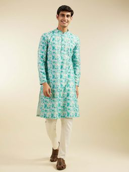 Diwas by Manyavar - Blue Viscose Blend Printed Sequined Kurta with Pyjama (Set of 2)